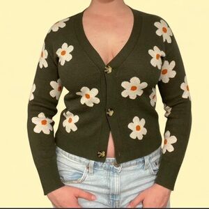 Green Floral Knit Button Cardigan Sweater